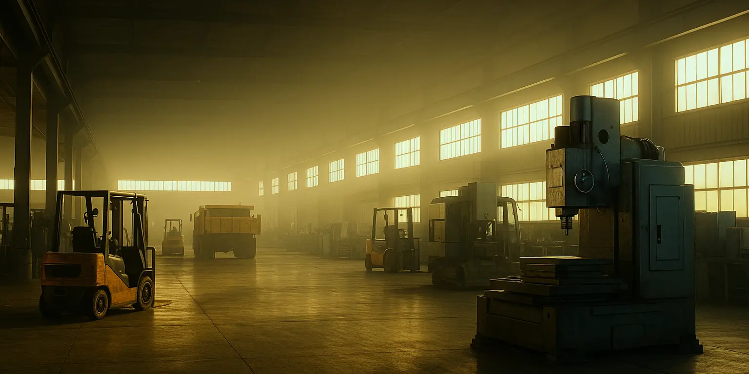 Inside an industrial warehouse with forklifts and heavy machinery